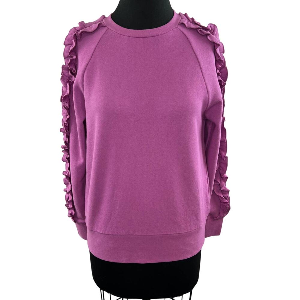 KATE SPADE Pink Pansy Long Sleeve Cotton Ruffle Pullover Sweater Top Sz S Small